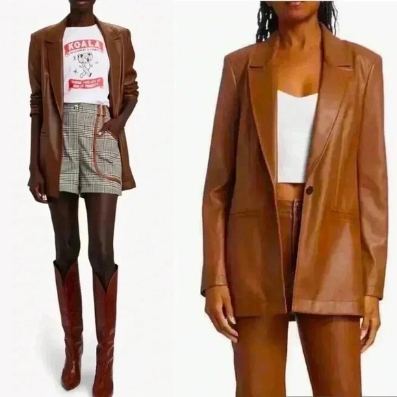 Staud Madden Womens Faux Vegan Leather Oversized Brown Blazer Jacket L Long $495 - Picture 1 of 15